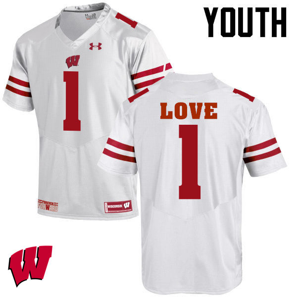 Youth Wisconsin Badgers #1 Reggie Love College Football Jerseys-White - Click Image to Close